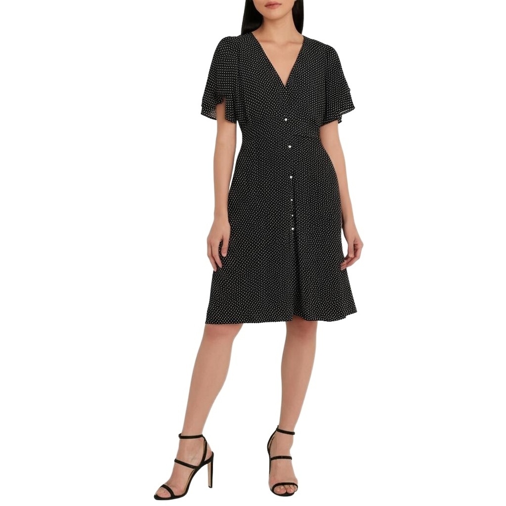 A NEW DAY Black White Polka Dot Ruched A Line Flutter Sleeve Dress Womens XS
